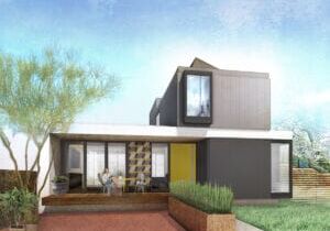 Casa modular contemporânea com pátio externo, janelas amplas e jardim paisagístico na frente.